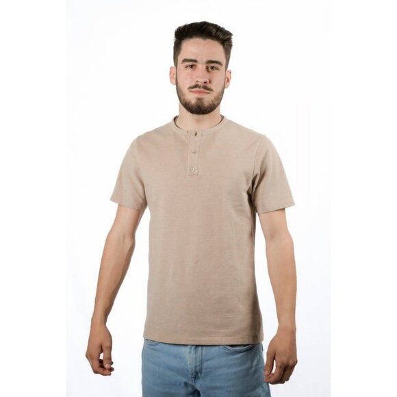 Men's Beige Henley Shirt Short Sleeve Casual Fit XXL - Picture 3 of 3